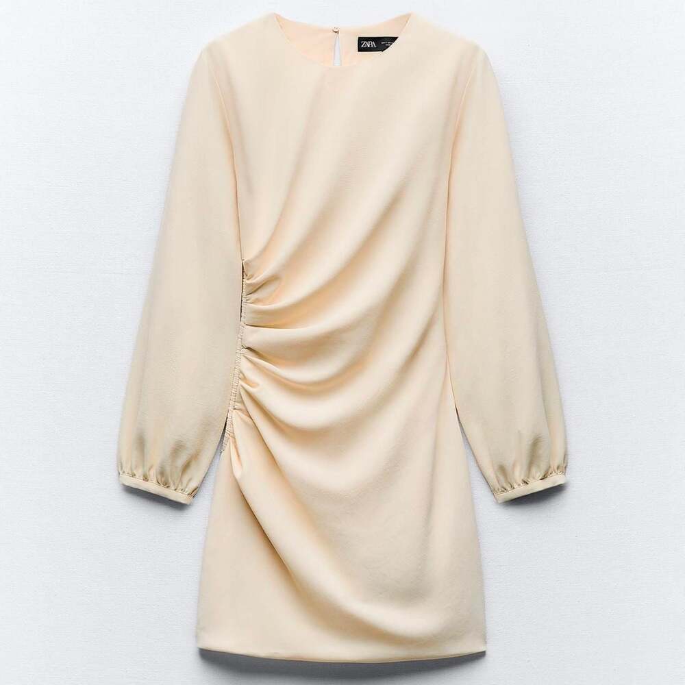 Zara Long Sleeve Side Ruched Mini Dress in Beige